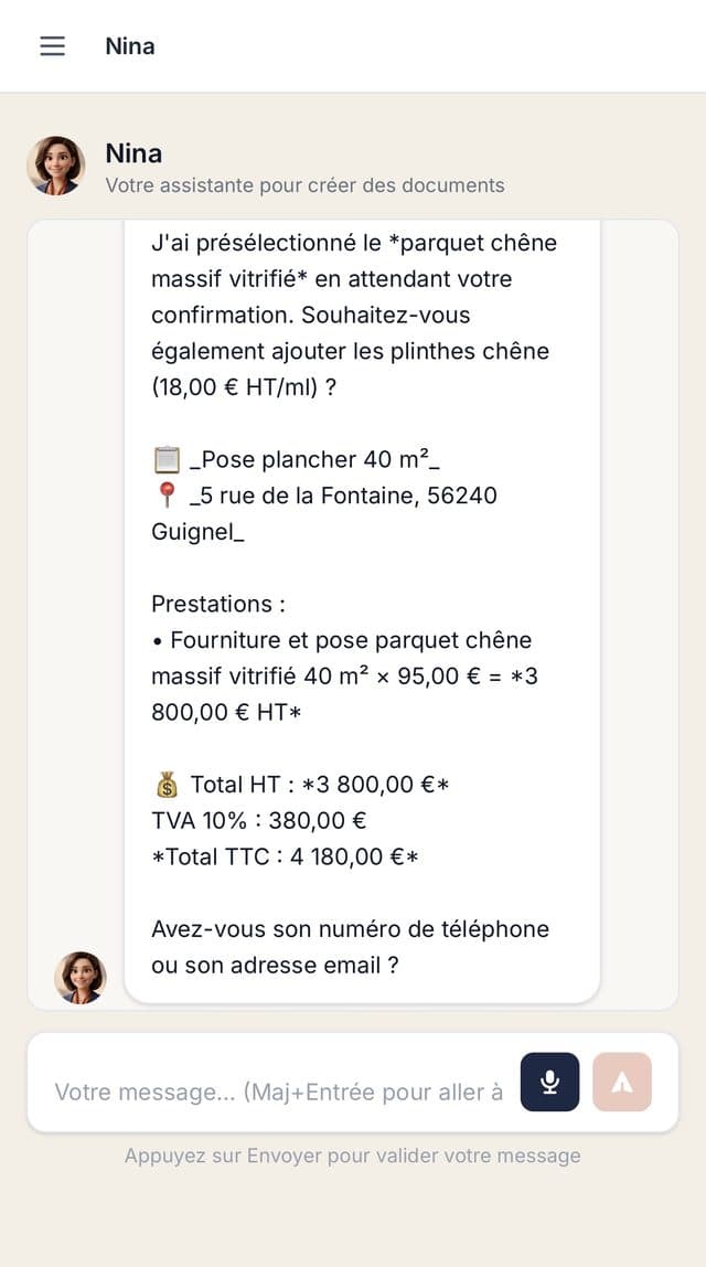 Nina crée un devis en conversation dans le navigateur